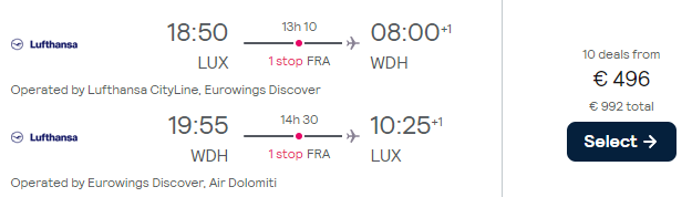 Lufthansa flights from Luxembourg to Namibia