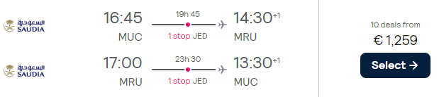 Business Class flights from Munich to Mauritius