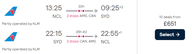 flights from London or Newcastle to Australia