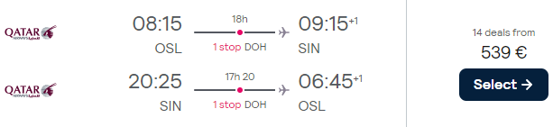 Qatar Airways flights from Oslo to Singapore