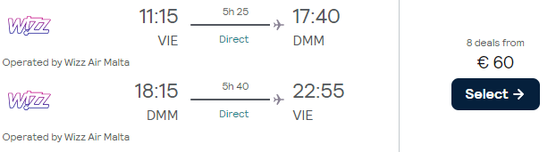 Non-stop flights from Vienna to Saudi Arabia