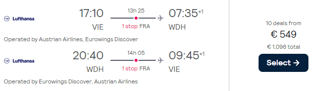 Lufthansa flights from Vienna to Namibia